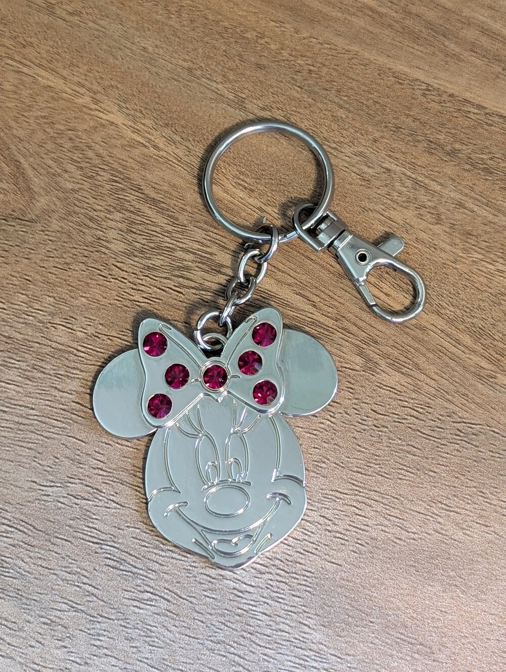Disney Minnie Mouse Keychain Silver Metal Rhinestone Bow Purse Charm Swivel Clip